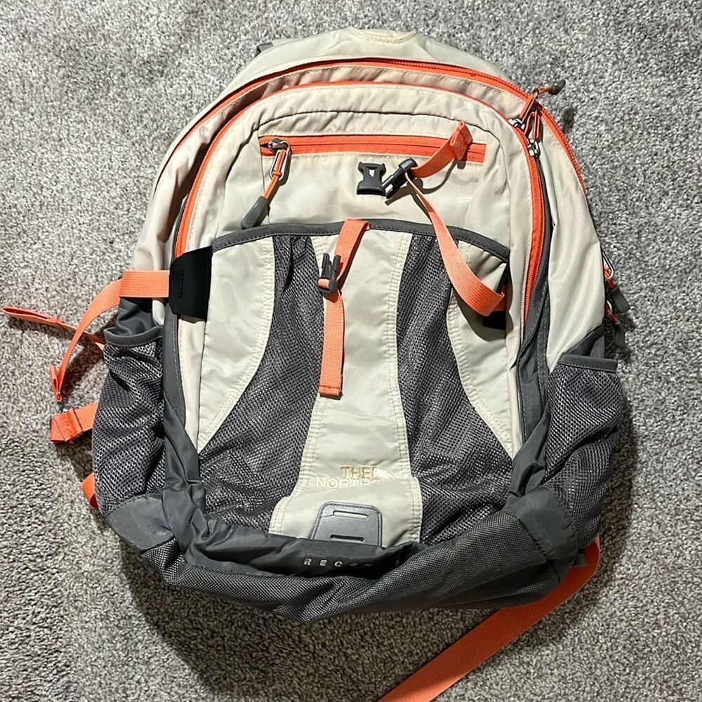 North Face Recon Travel School Laptop Carry Hiking Trail Backpack Creme Orange
